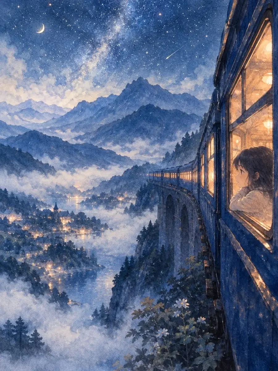 银河慢车动画海报，老式夜行列车穿过星空山谷，车窗透出暖橘灯光