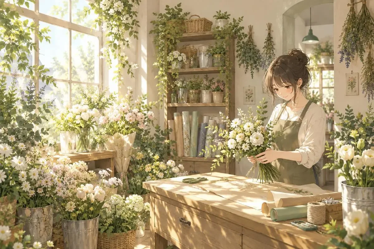 日本少女漫画恋爱日常分类配图，午后街角花店与咖啡店，象牙白外墙