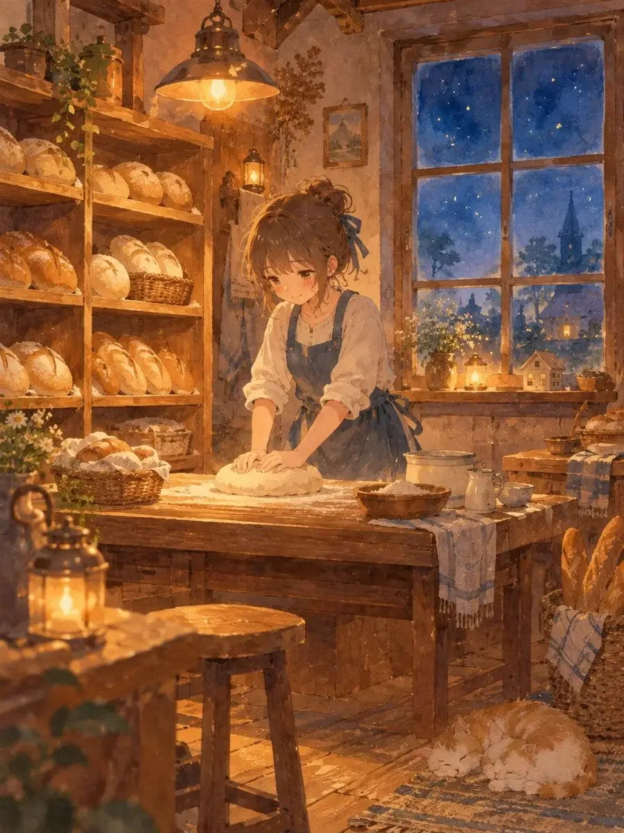 星屑面包店动画海报，深夜面包店的暖黄灯光与木质货架，窗外是雾蓝夜色
