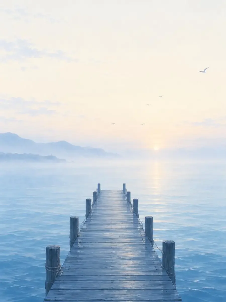 雾蓝海岸壁纸，清晨雾霾蓝海岸线与象牙白浪花，远处淡雾与长椅