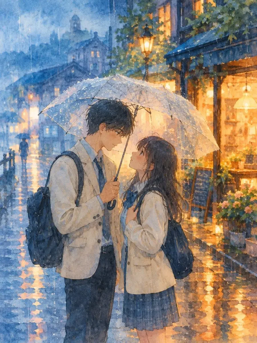 与你共度的雨季动画剧照，两人共撑一把伞走在雨中的街道，雾蓝雨幕