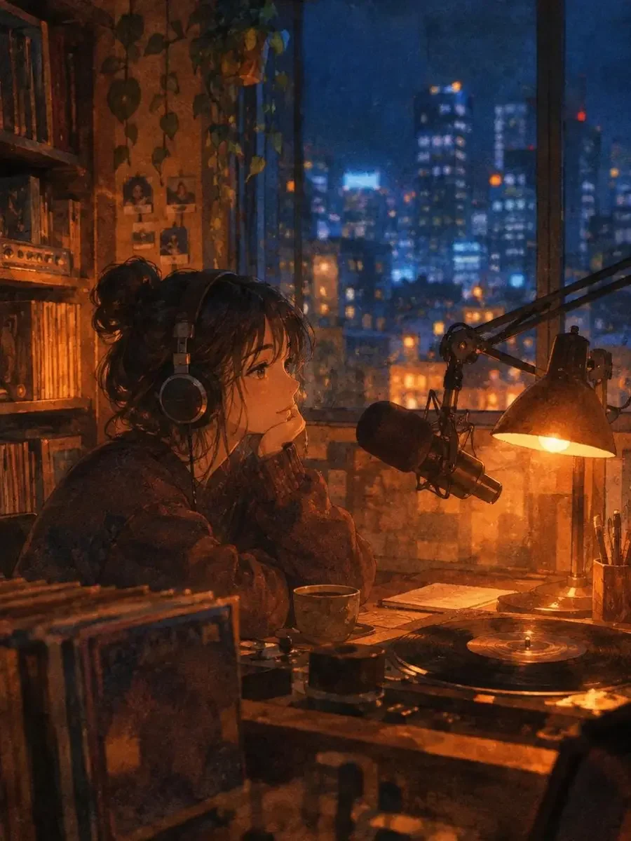 凌晨两点的电台动画海报，深夜电台播音室与暖橘台灯，窗外雾蓝城市灯光