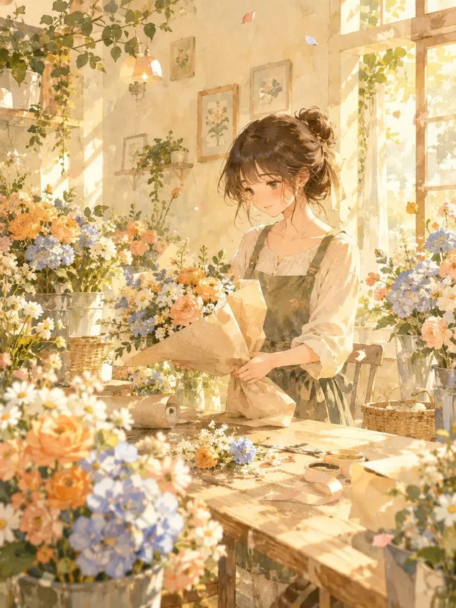 周三的花店动画海报，暖阳下的花店与包花束的少女，象牙白墙面